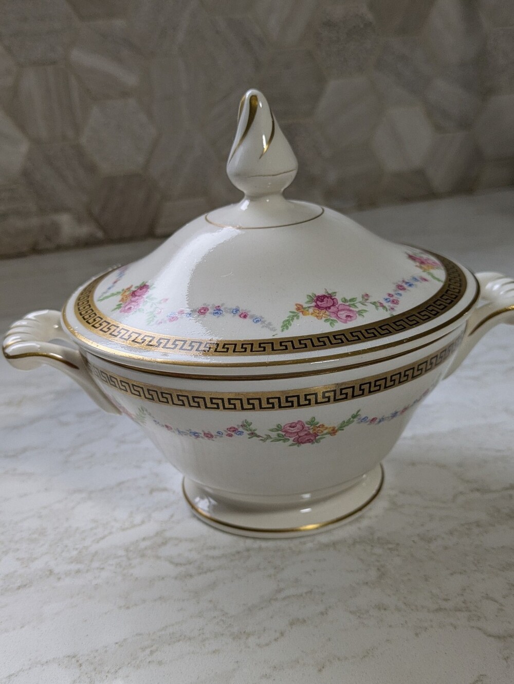 Edwin M. Knowles Floral Porcelain Covered Sugar Bowl with Gold Trim